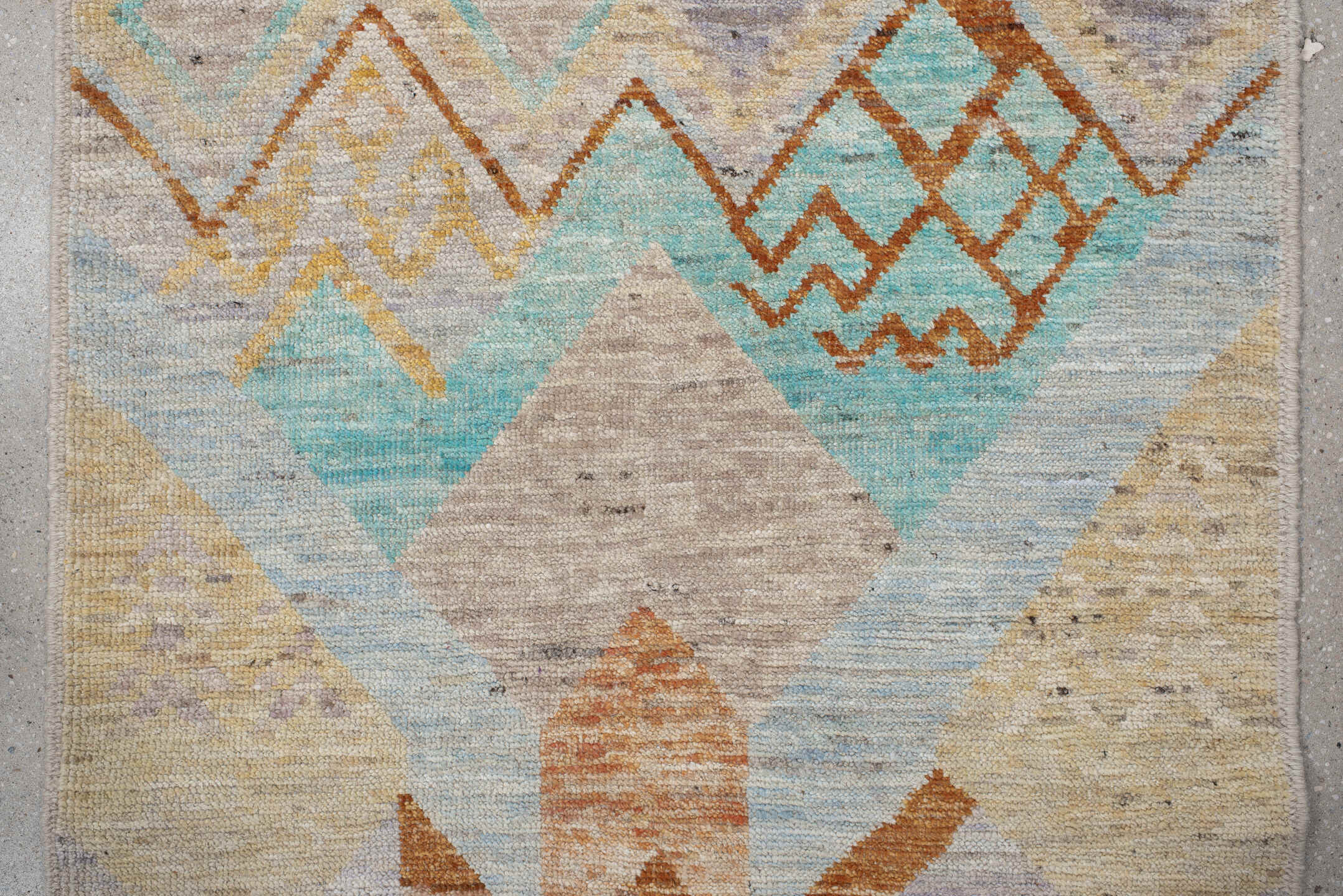 3' x 9' one-of-a-kind handmade vintage Tulu runner rug. Color palette: ivory, sky_blue, lavender, gold, rust, taupe, peach