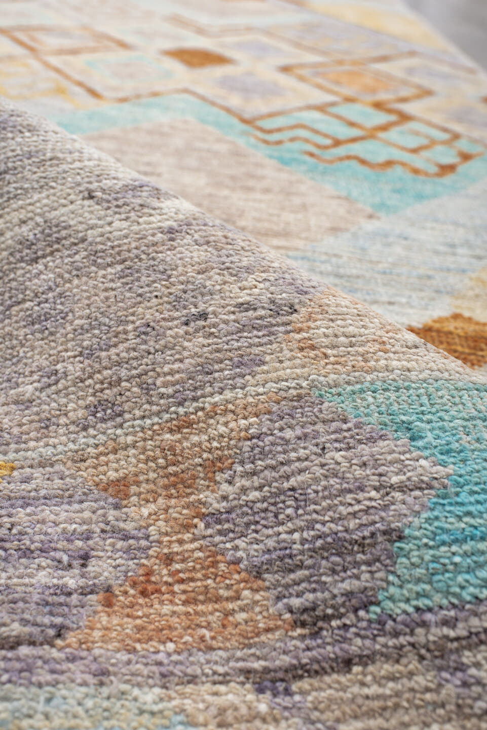 3' x 9' one-of-a-kind handmade vintage Tulu runner rug. Color palette: ivory, sky_blue, lavender, gold, rust, taupe, peach