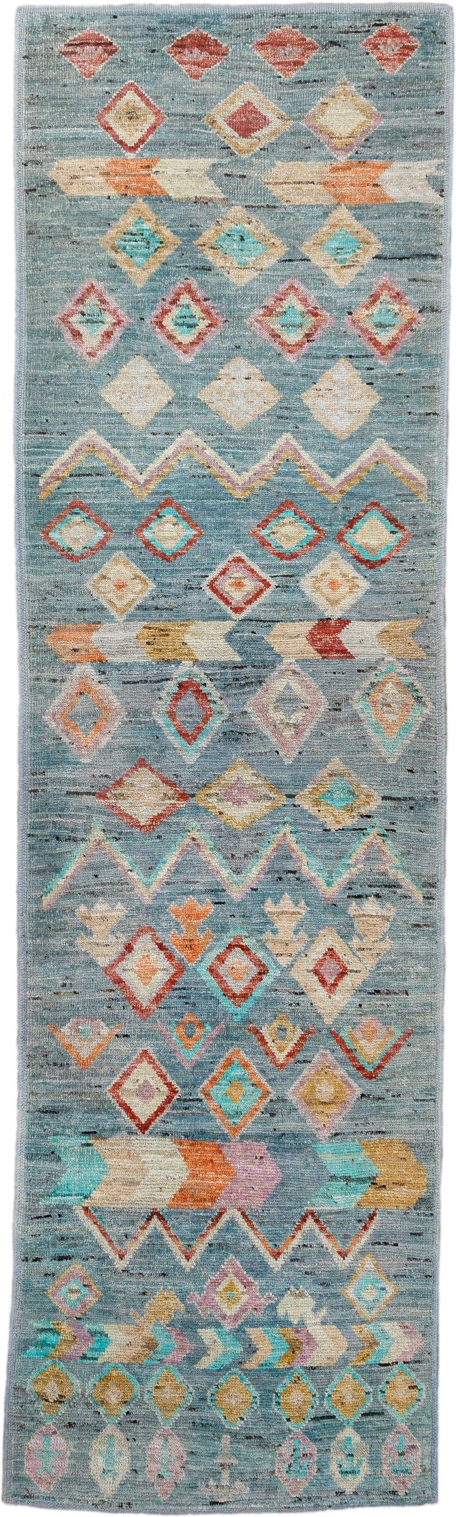 2' x 9' one-of-a-kind handmade vintage Tulu runner rug. Color palette: sky blue, ivory, turquoise, coral, gold, peach
