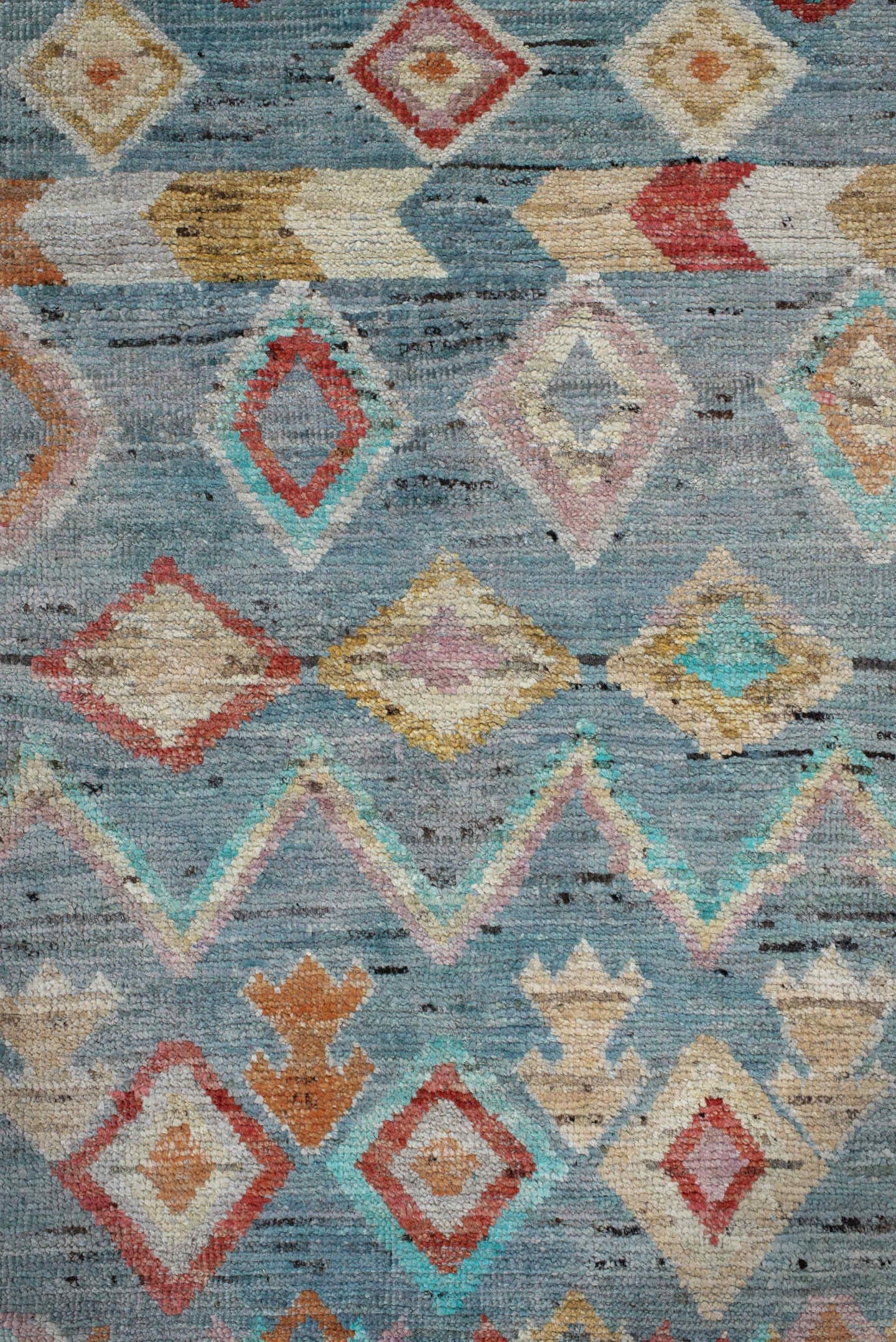 2' x 9' one-of-a-kind handmade vintage Tulu runner rug. Color palette: sky blue, ivory, turquoise, coral, gold, peach