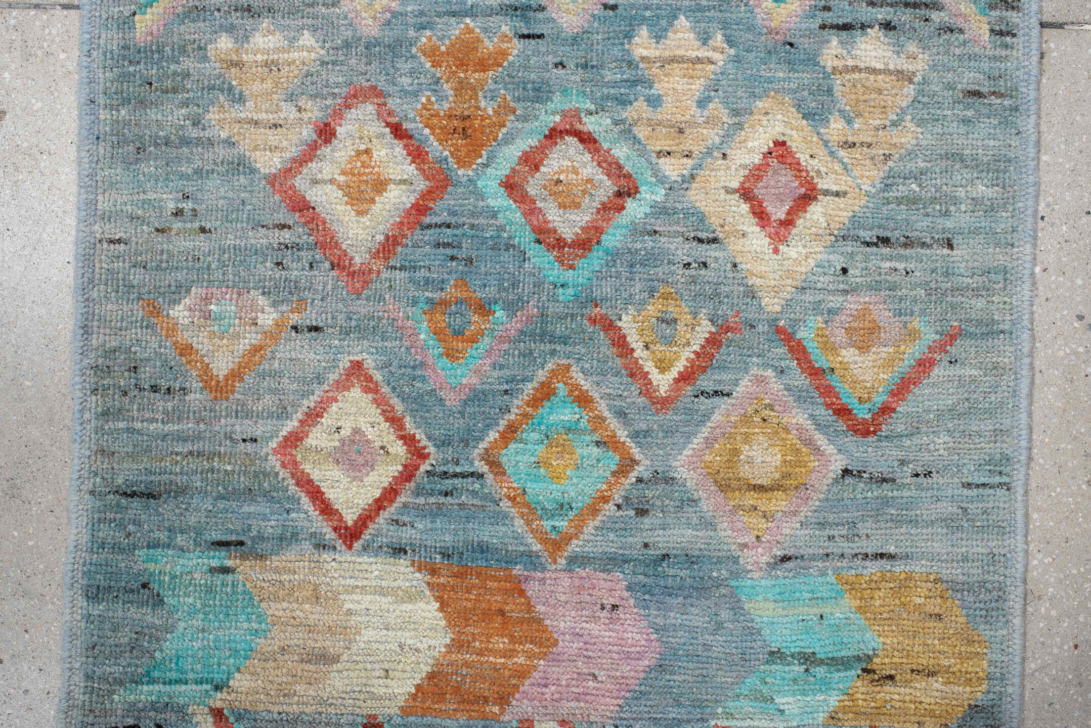 2' x 9' one-of-a-kind handmade vintage Tulu runner rug. Color palette: sky blue, ivory, turquoise, coral, gold, peach