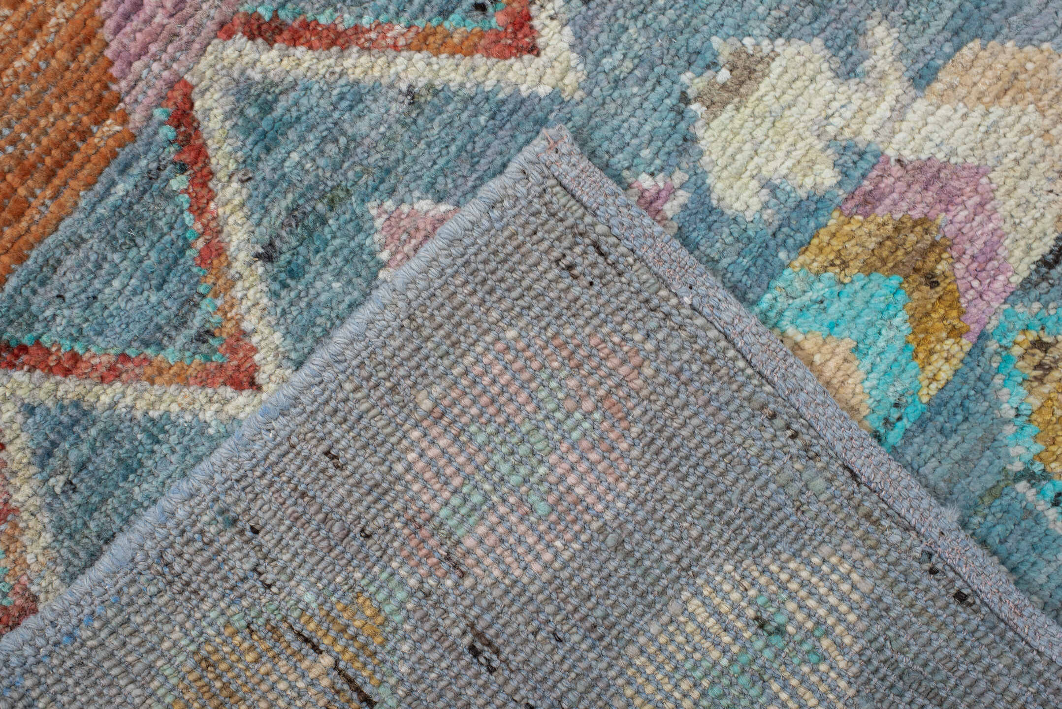 2' x 9' one-of-a-kind handmade vintage Tulu runner rug. Color palette: sky blue, ivory, turquoise, coral, gold, peach