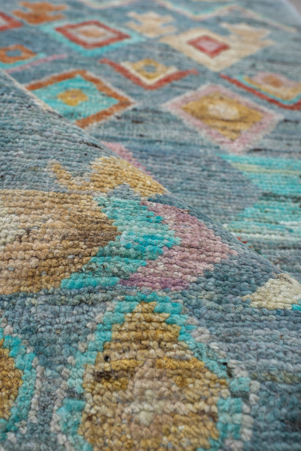 2' x 9' one-of-a-kind handmade vintage Tulu runner rug. Color palette: sky blue, ivory, turquoise, coral, gold, peach