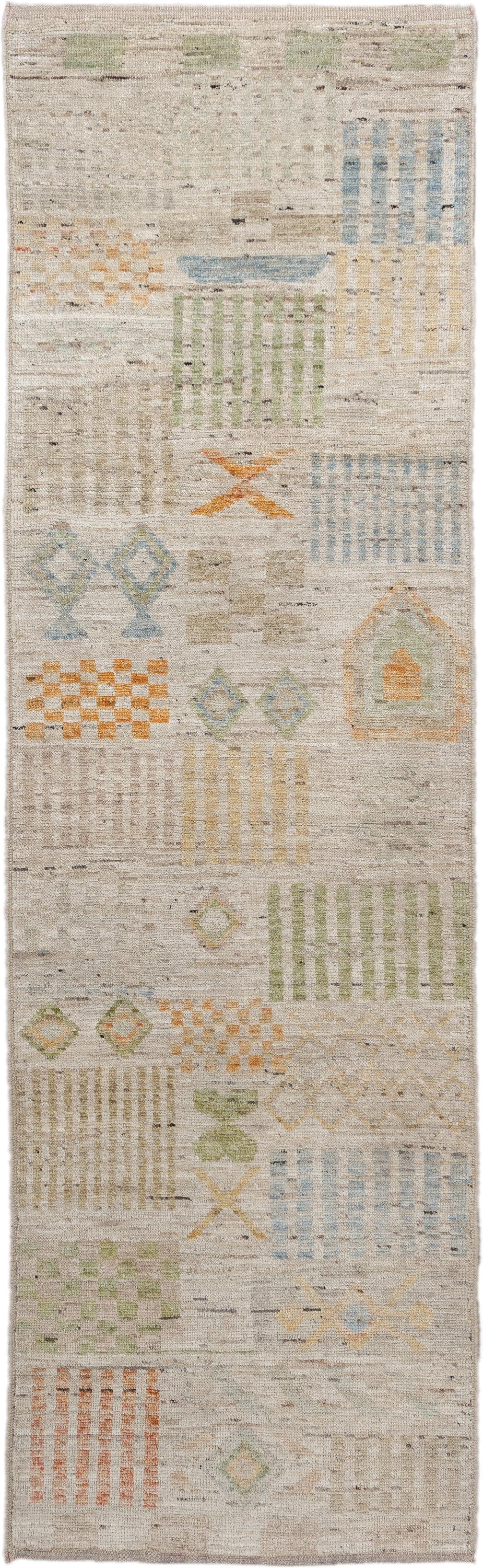 2' x 9' one-of-a-kind handmade vintage Tulu runner rug. Color palette: ivory, beige, sage, pale blue, soft gold, apricot