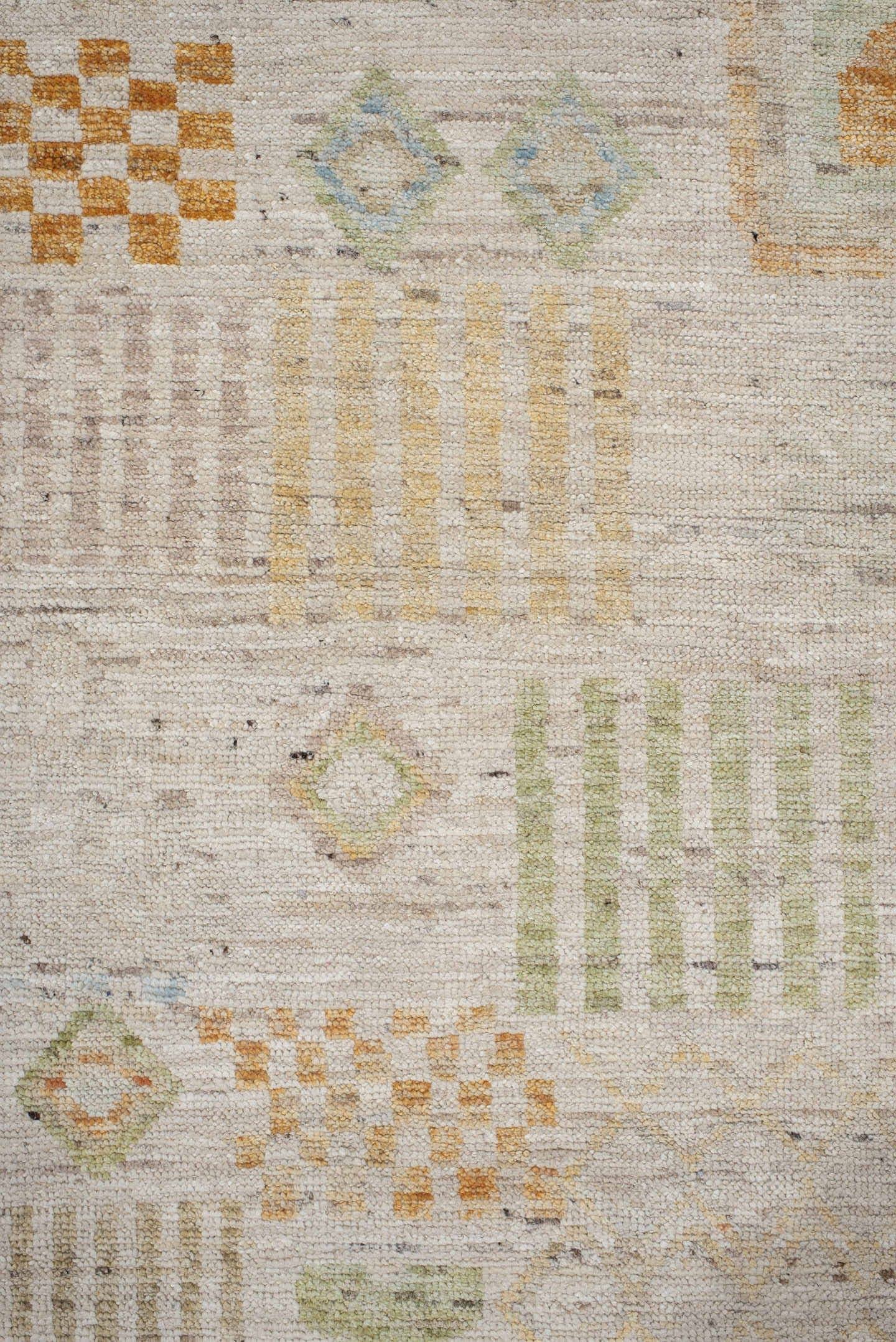 2' x 9' one-of-a-kind handmade vintage Tulu runner rug. Color palette: ivory, beige, sage, pale blue, soft gold, apricot