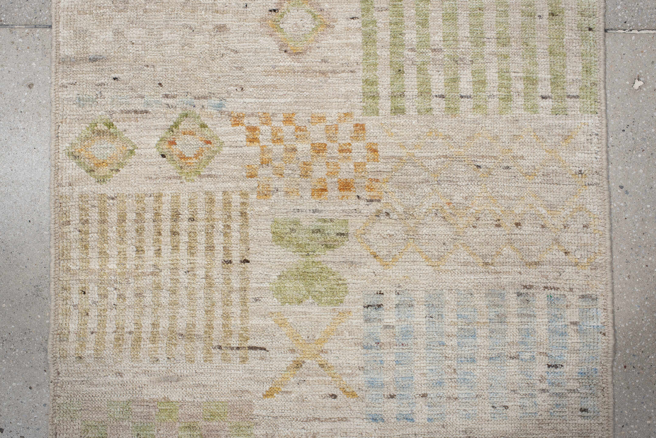 2' x 9' one-of-a-kind handmade vintage Tulu runner rug. Color palette: ivory, beige, sage, pale blue, soft gold, apricot