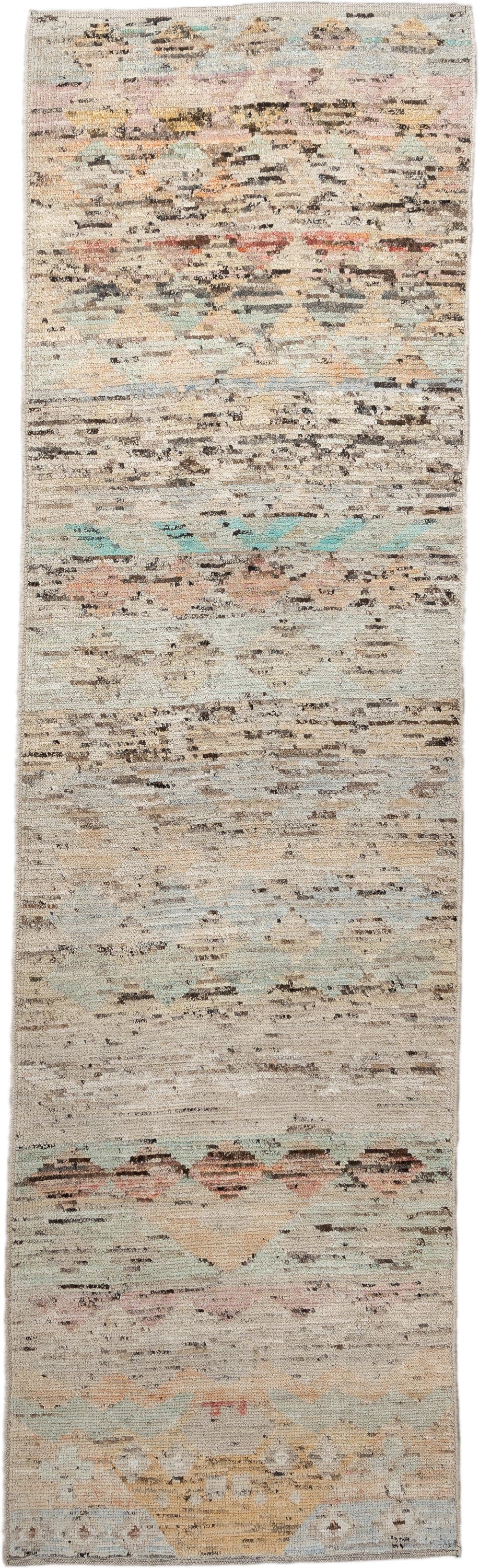 2' x 9' one-of-a-kind handmade vintage Tulu runner rug. Color palette: ivory, taupe, camel, aqua, blush, charcoal, rust