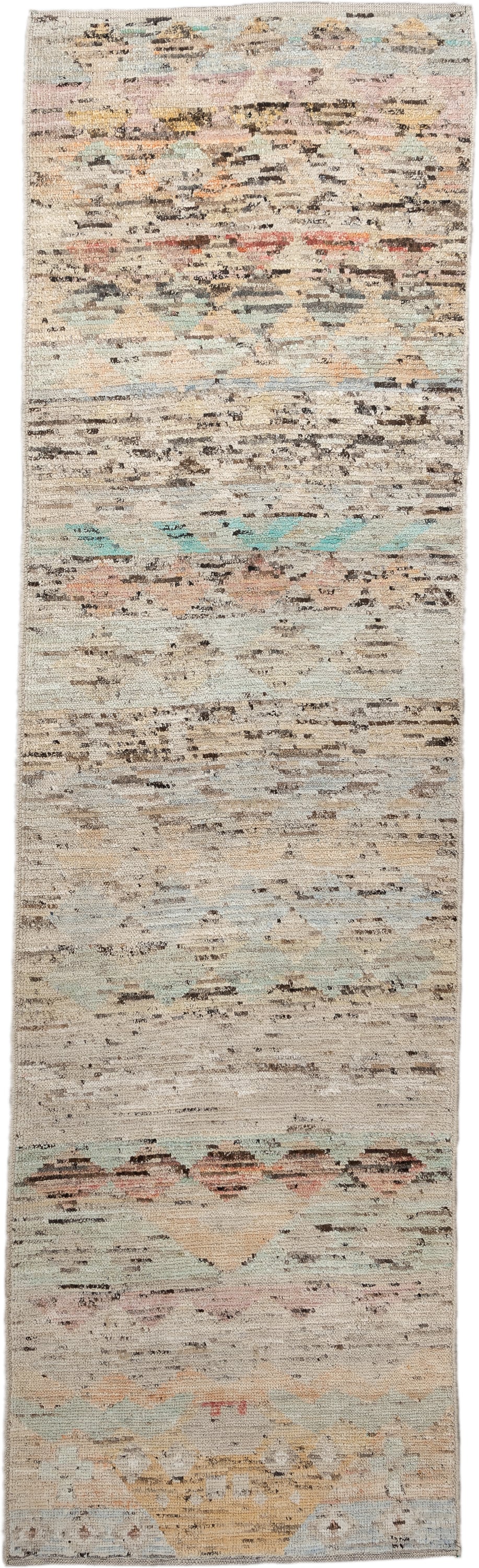 2' x 9' one-of-a-kind handmade vintage Tulu runner rug. Color palette: ivory, taupe, camel, aqua, blush, charcoal, rust