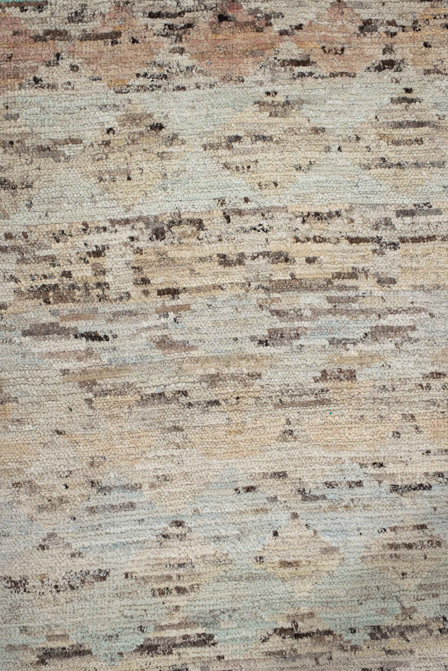 2' x 9' one-of-a-kind handmade vintage Tulu runner rug. Color palette: ivory, taupe, camel, aqua, blush, charcoal, rust