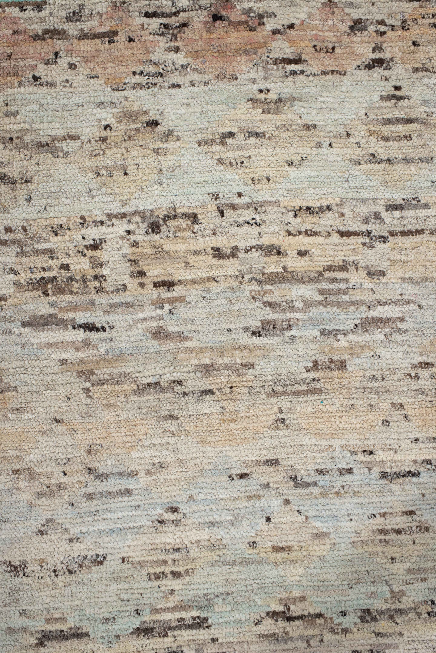 2' x 9' one-of-a-kind handmade vintage Tulu runner rug. Color palette: ivory, taupe, camel, aqua, blush, charcoal, rust