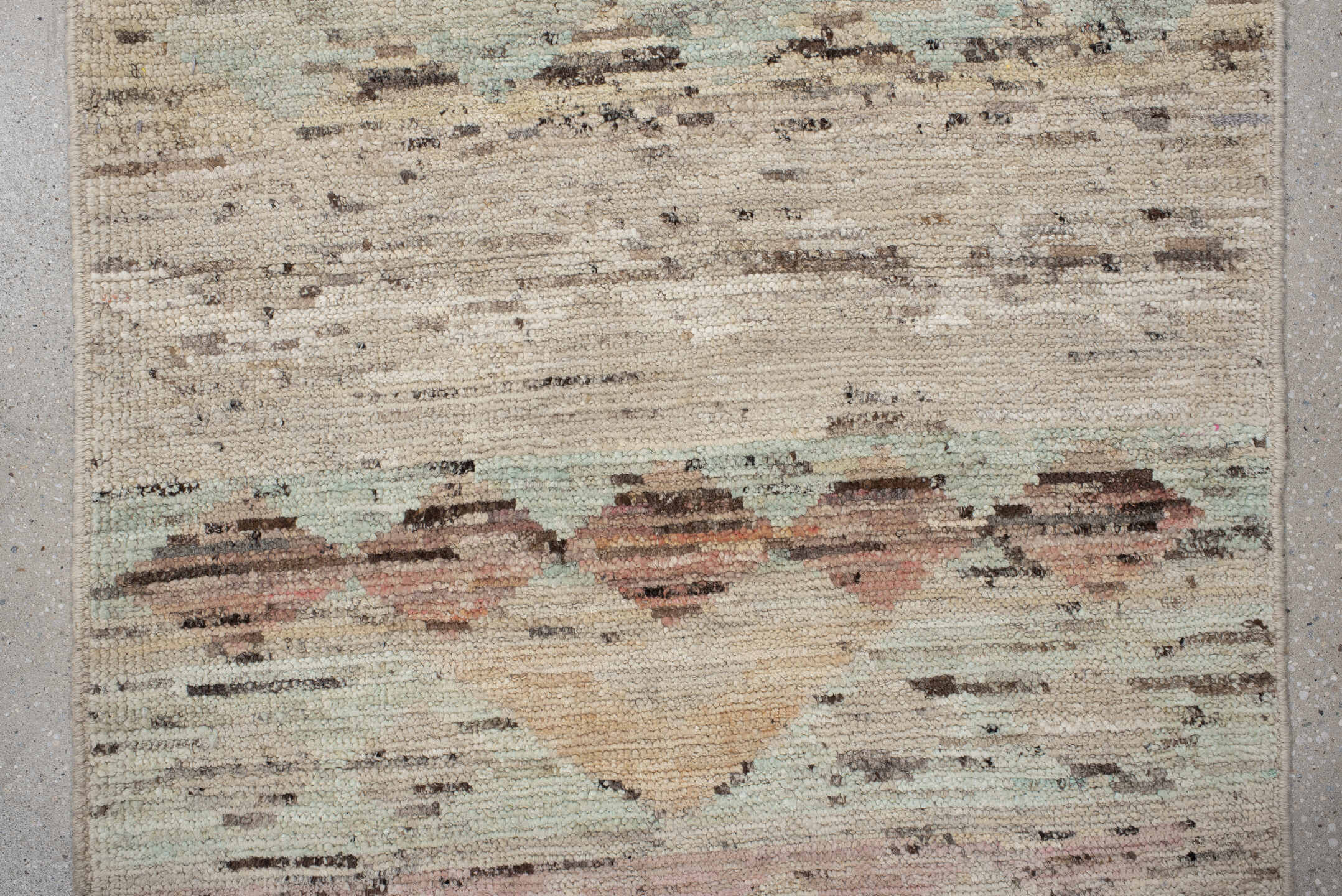 2' x 9' one-of-a-kind handmade vintage Tulu runner rug. Color palette: ivory, taupe, camel, aqua, blush, charcoal, rust