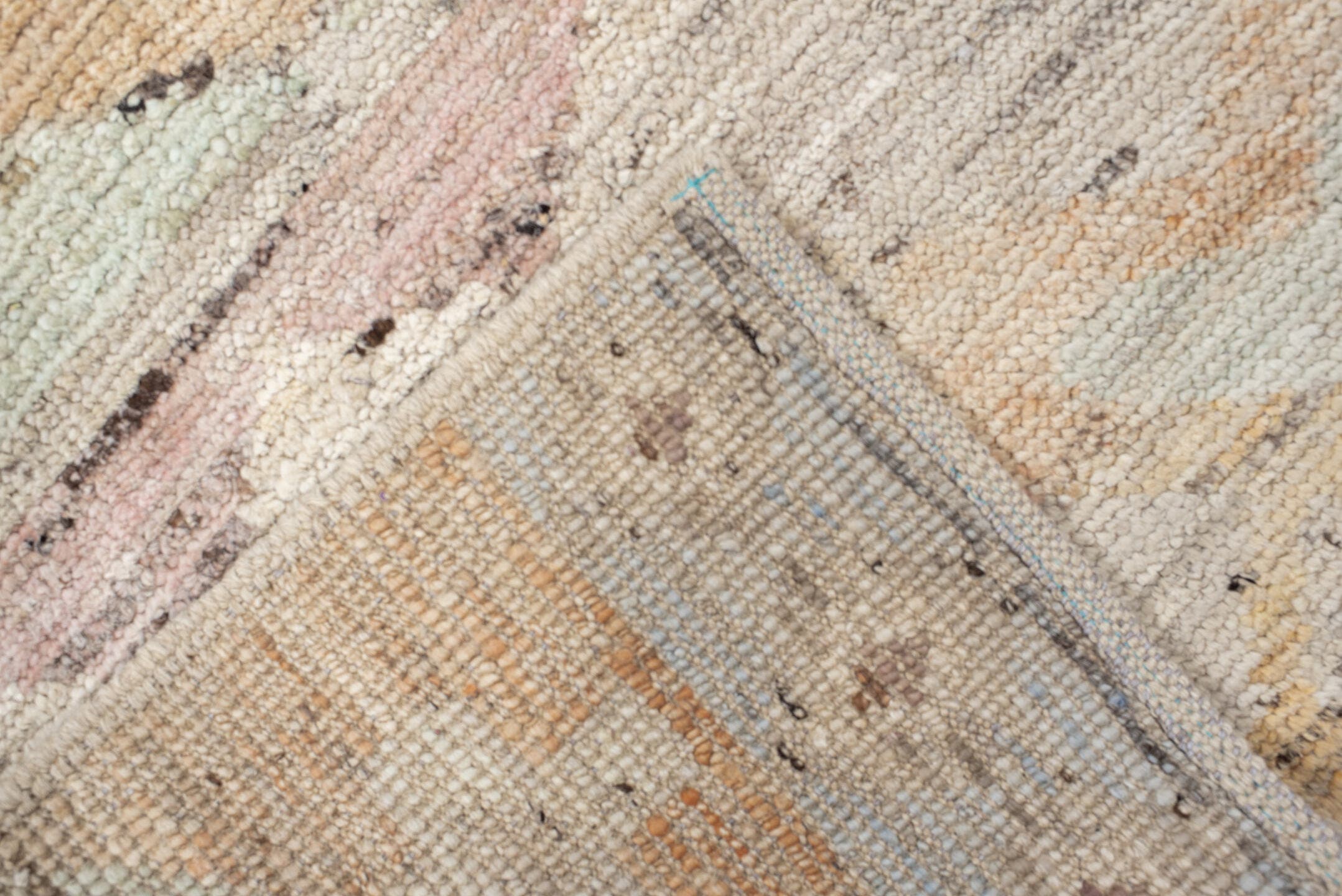 2' x 9' one-of-a-kind handmade vintage Tulu runner rug. Color palette: ivory, taupe, camel, aqua, blush, charcoal, rust