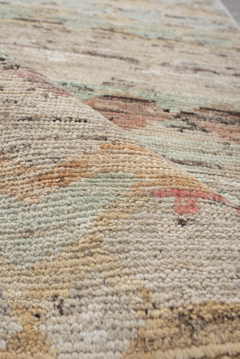 2' x 9' one-of-a-kind handmade vintage Tulu runner rug. Color palette: ivory, taupe, camel, aqua, blush, charcoal, rust