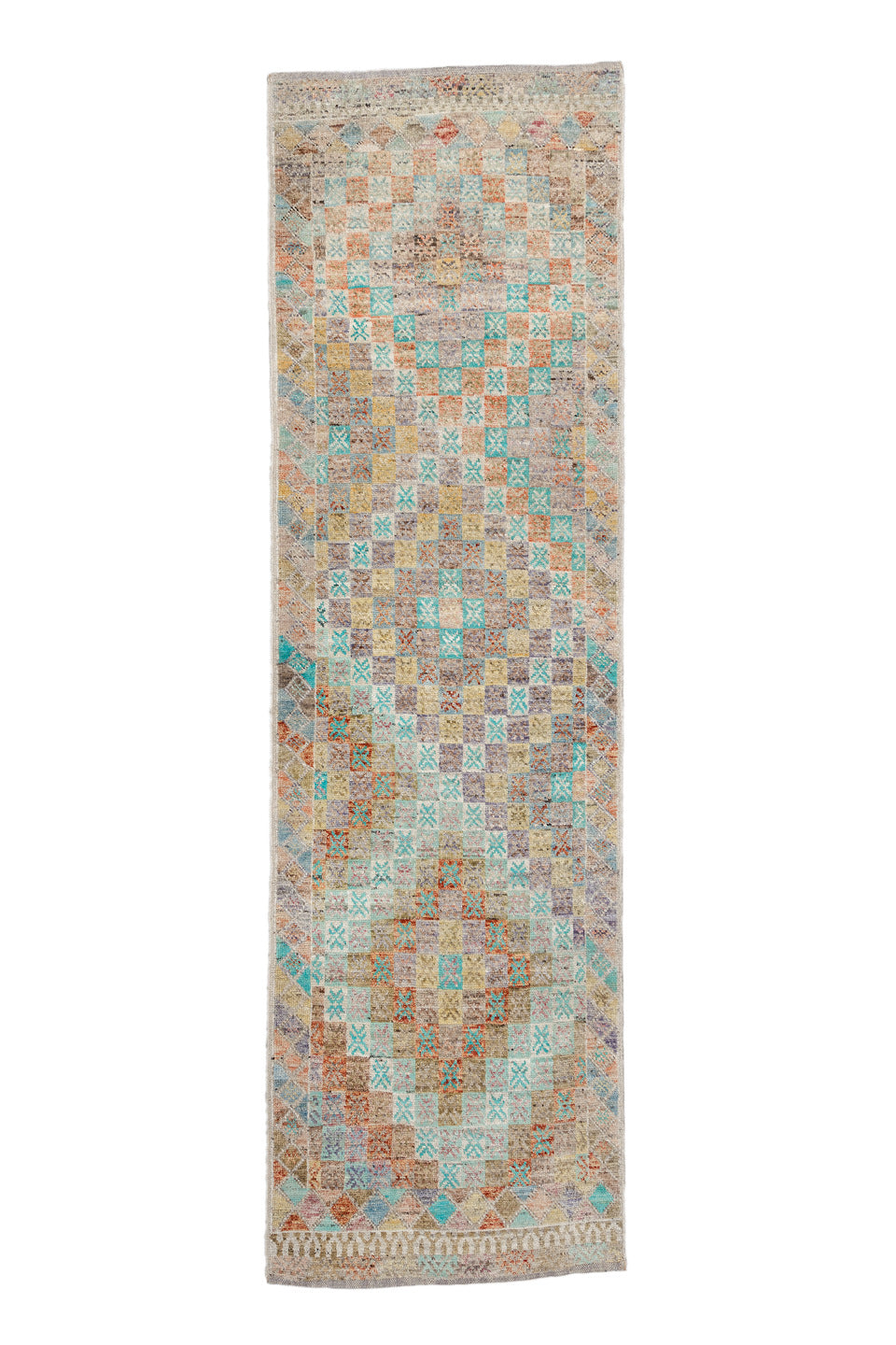 2' x 9' one-of-a-kind handmade vintage Tulu runner rug. Color palette: blue, brown, gainsboro, gray, green, light gray