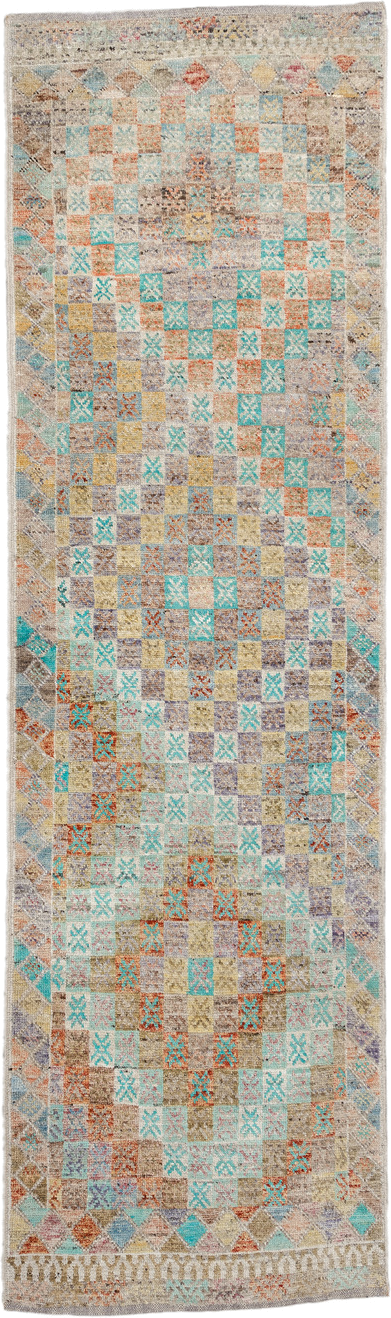 2' x 9' one-of-a-kind handmade vintage Tulu runner rug. Color palette: ivory, aqua, taupe, sand, terra cotta, gold, gray