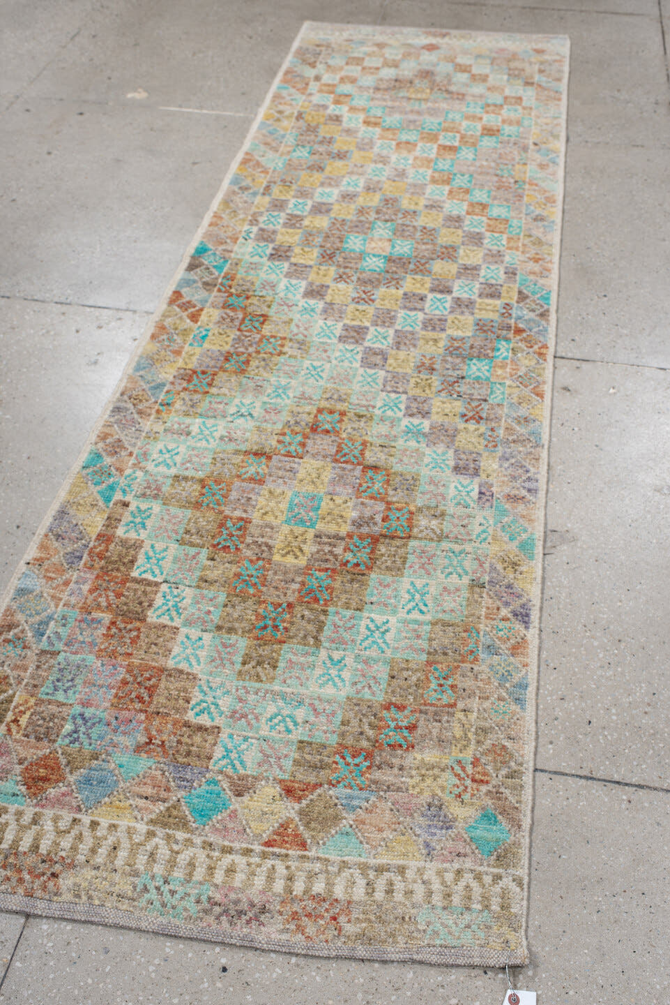 2' x 9' one-of-a-kind handmade vintage Tulu runner rug. Color palette: ivory, aqua, taupe, sand, terra cotta, gold, gray