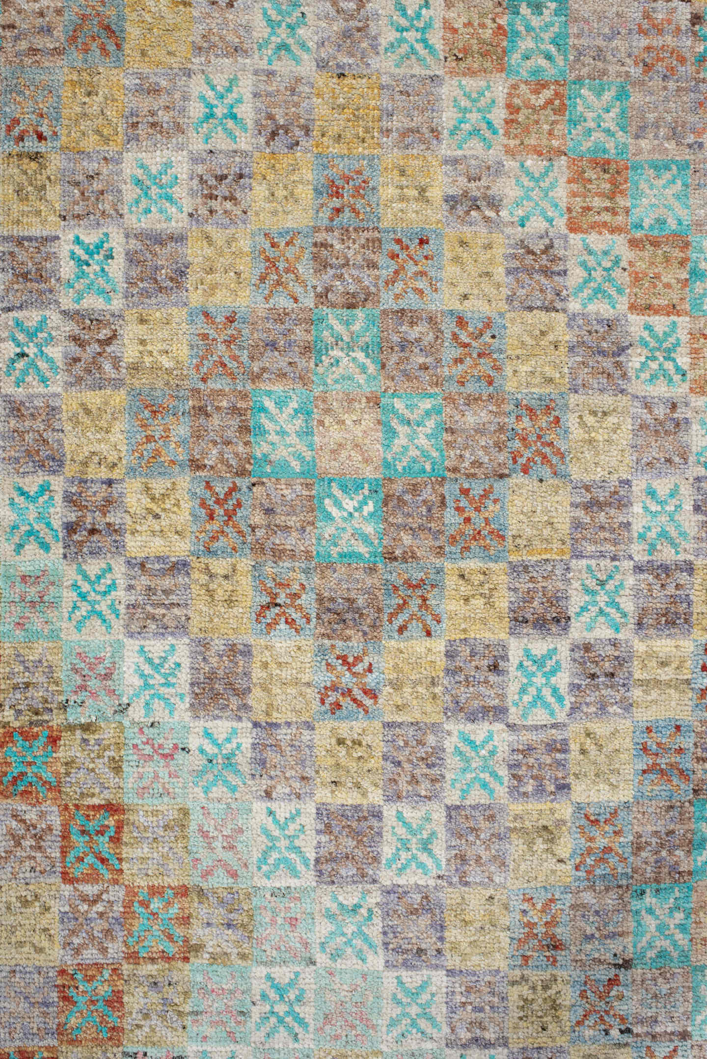 2' x 9' one-of-a-kind handmade vintage Tulu runner rug. Color palette: ivory, aqua, taupe, sand, terra cotta, gold, gray