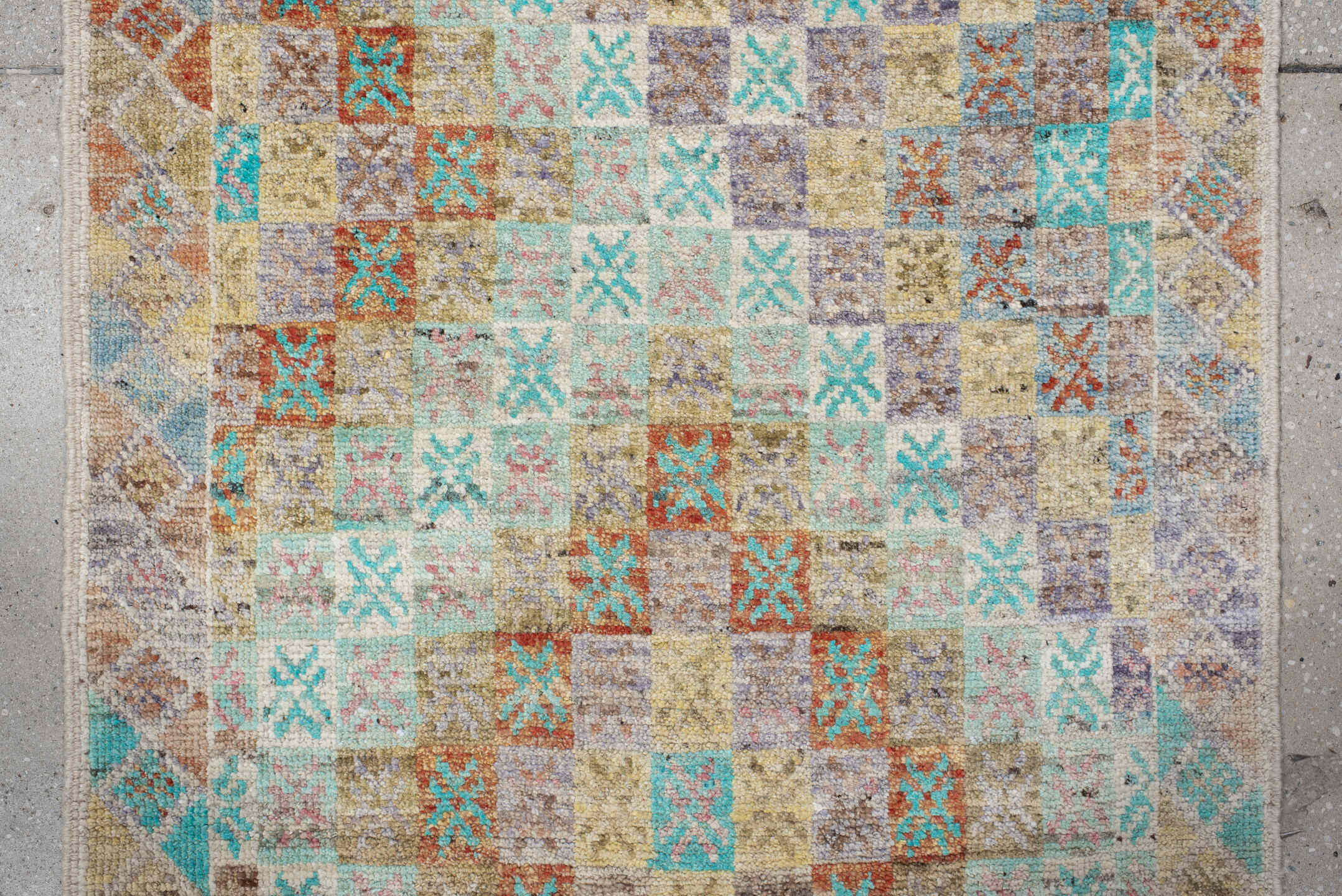2' x 9' one-of-a-kind handmade vintage Tulu runner rug. Color palette: ivory, aqua, taupe, sand, terra cotta, gold, gray