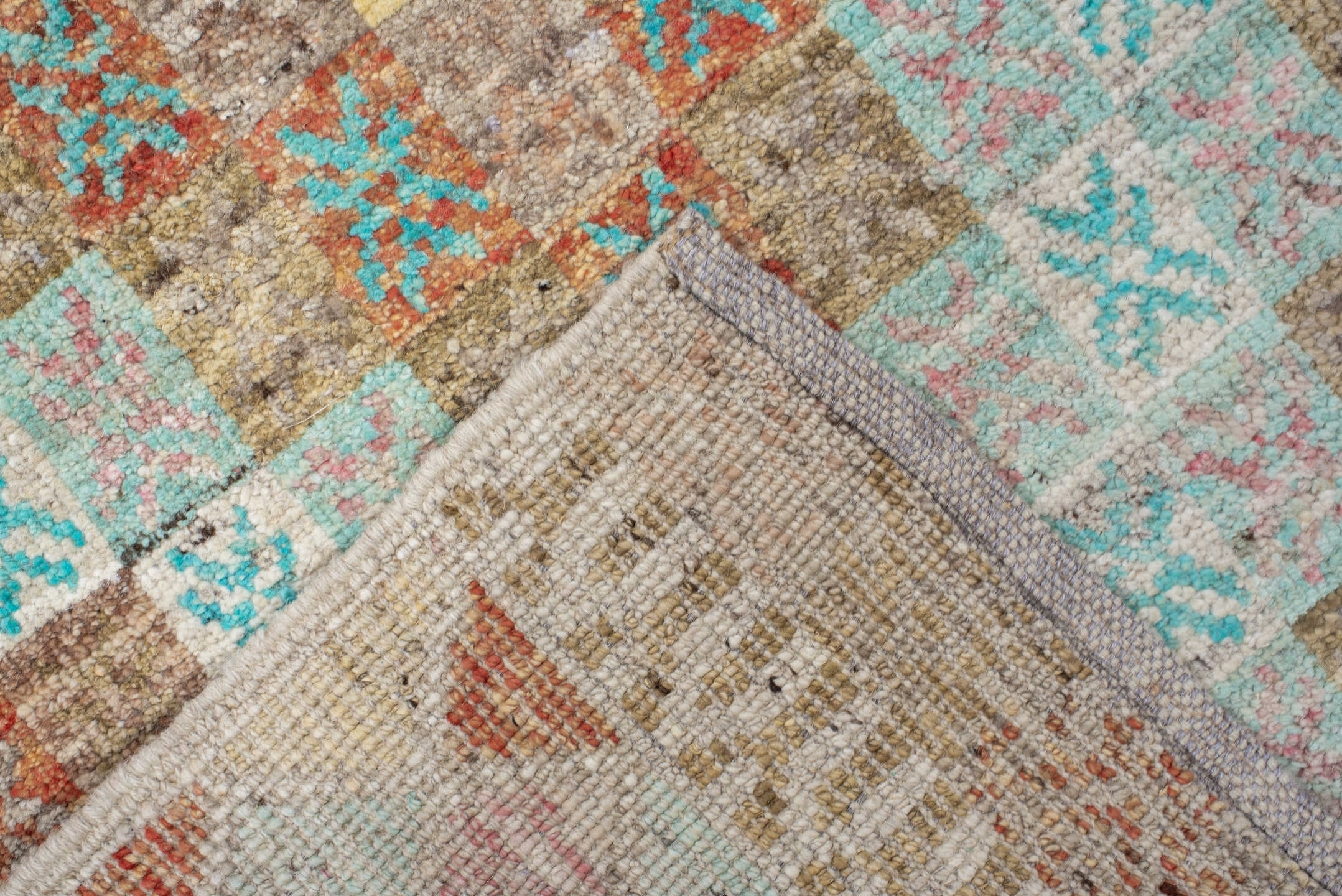 2' x 9' one-of-a-kind handmade vintage Tulu runner rug. Color palette: ivory, aqua, taupe, sand, terra cotta, gold, gray