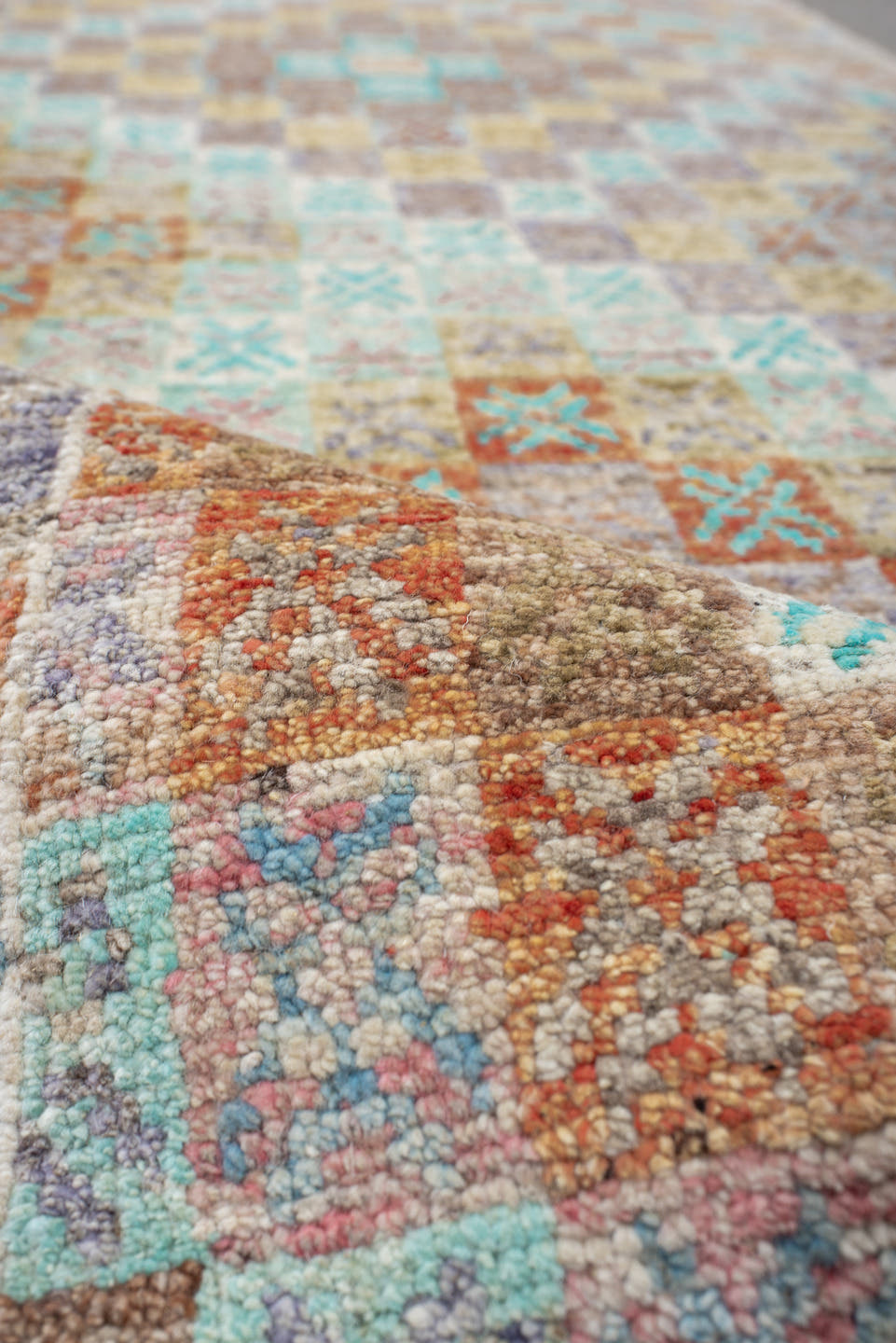 2' x 9' one-of-a-kind handmade vintage Tulu runner rug. Color palette: ivory, aqua, taupe, sand, terra cotta, gold, gray