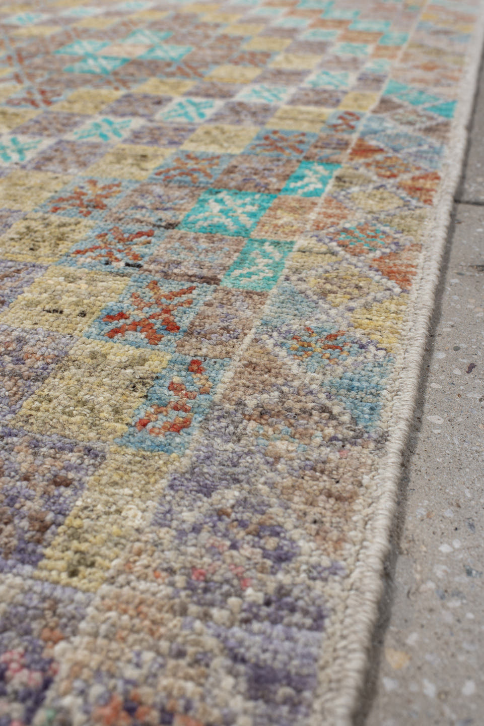 2' x 9' one-of-a-kind handmade vintage Tulu runner rug. Color palette: ivory, aqua, taupe, sand, terra cotta, gold, gray