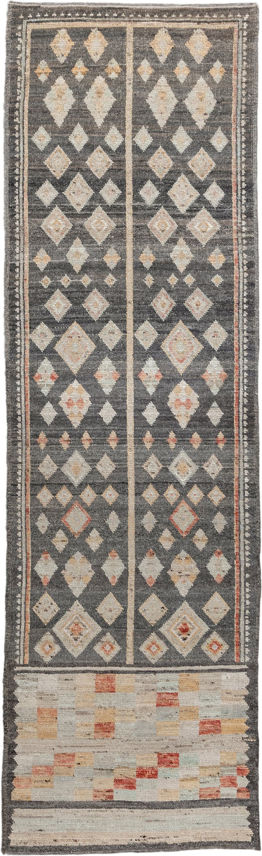 2' x 9' one-of-a-kind handmade vintage Tulu runner rug. Color palette: charcoal, ivory, camel, rust, cream, taupe, gray
