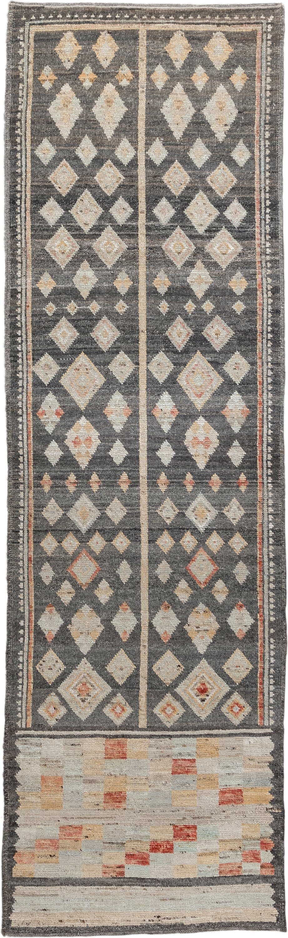 2' x 9' one-of-a-kind handmade vintage Tulu runner rug. Color palette: charcoal, ivory, camel, rust, cream, taupe, gray