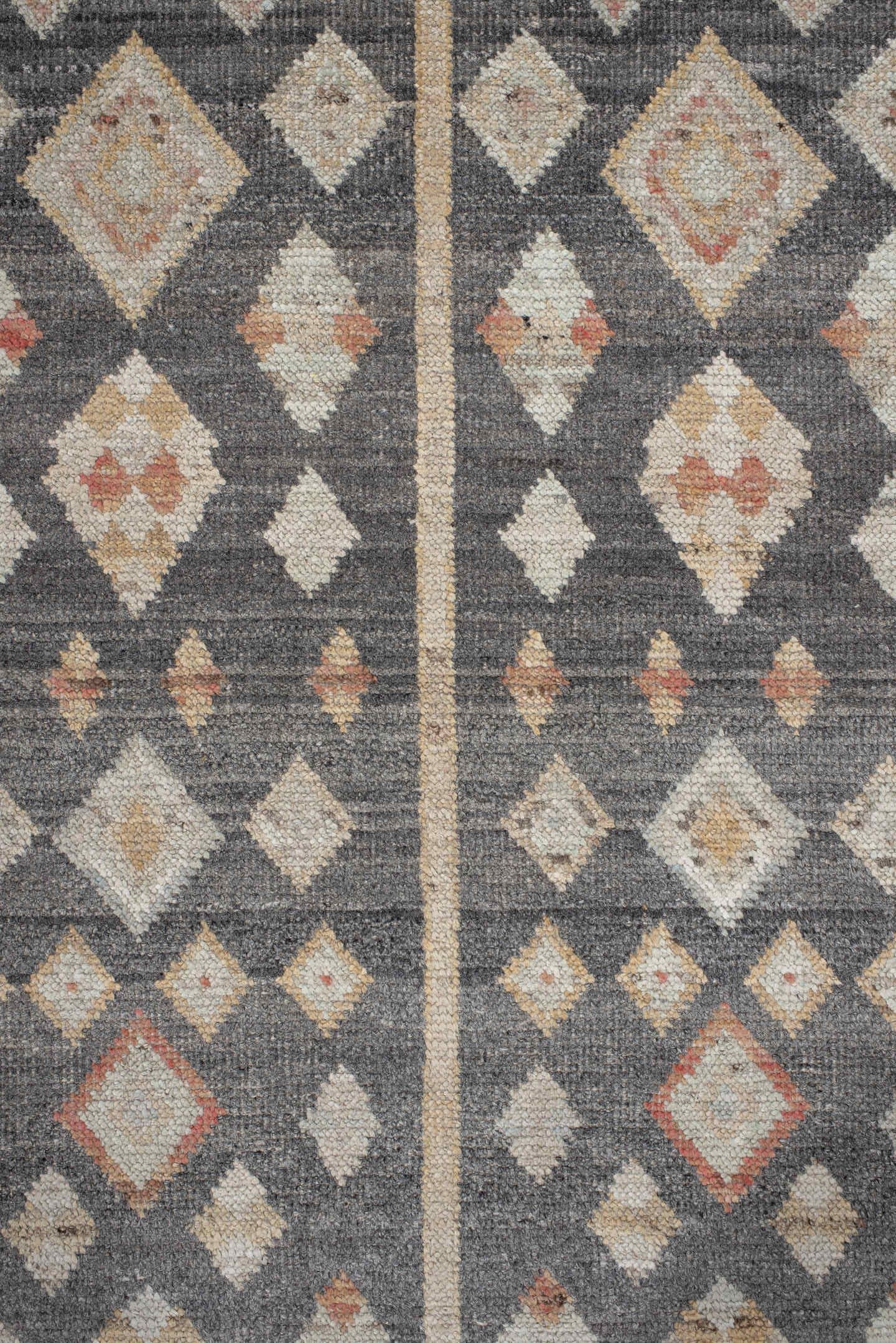 2' x 9' one-of-a-kind handmade vintage Tulu runner rug. Color palette: charcoal, ivory, camel, rust, cream, taupe, gray