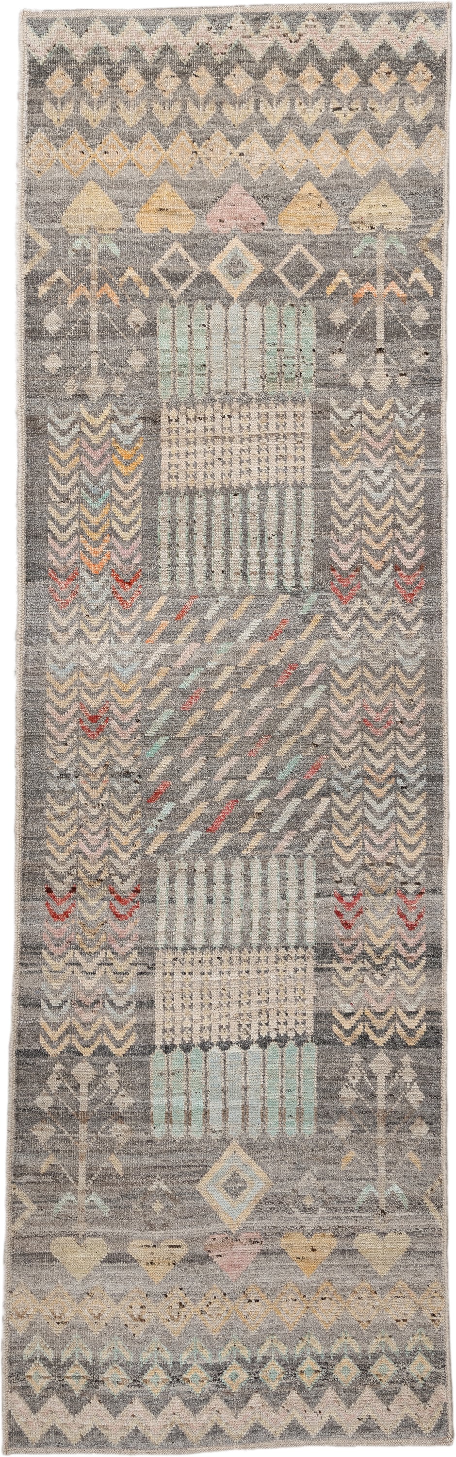 2' x 9' one-of-a-kind handmade vintage Tulu runner rug. Color palette: gray, ivory, taupe, pale aqua, butter yellow, blush