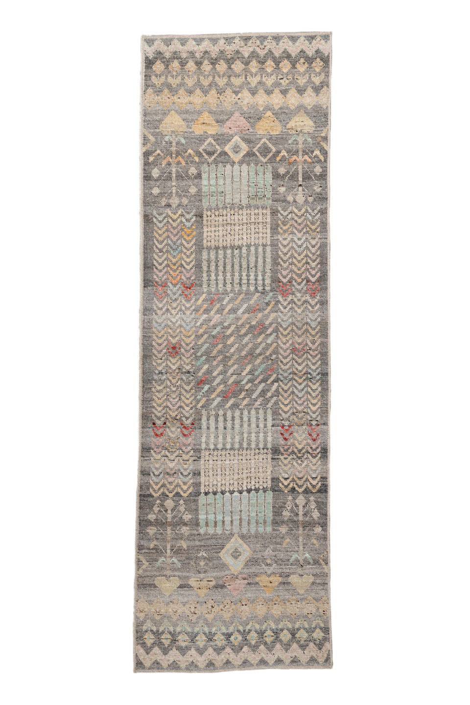 2' x 9' one-of-a-kind handmade vintage Tulu runner rug. Color palette: brown, burlywood, dark gray, gray, light gray