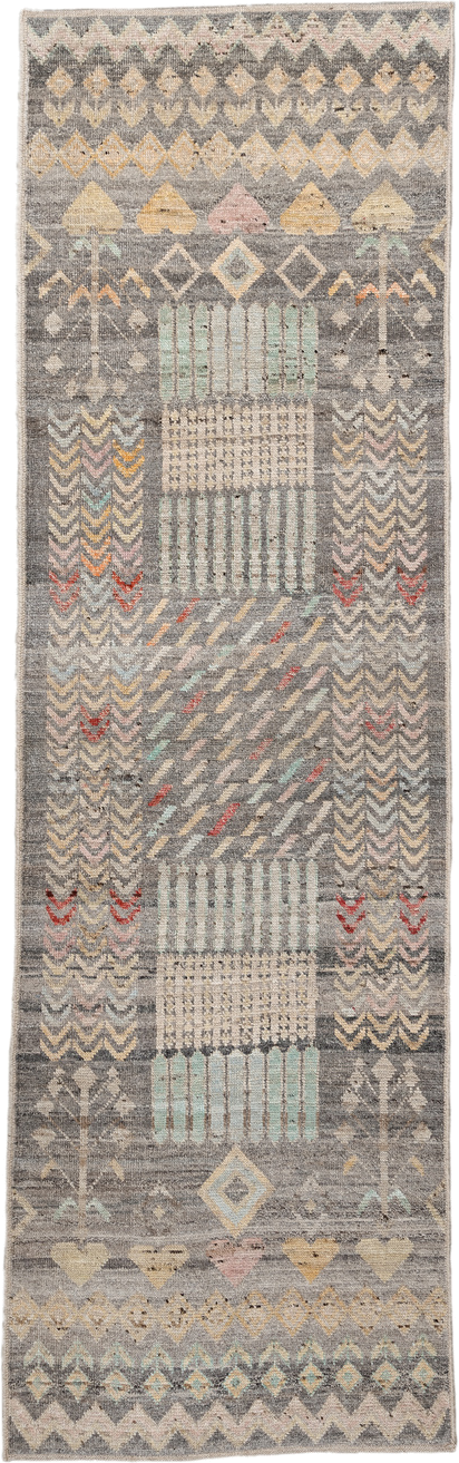 2' x 9' one-of-a-kind handmade vintage Tulu runner rug. Color palette: gray, ivory, taupe, pale aqua, butter yellow, blush