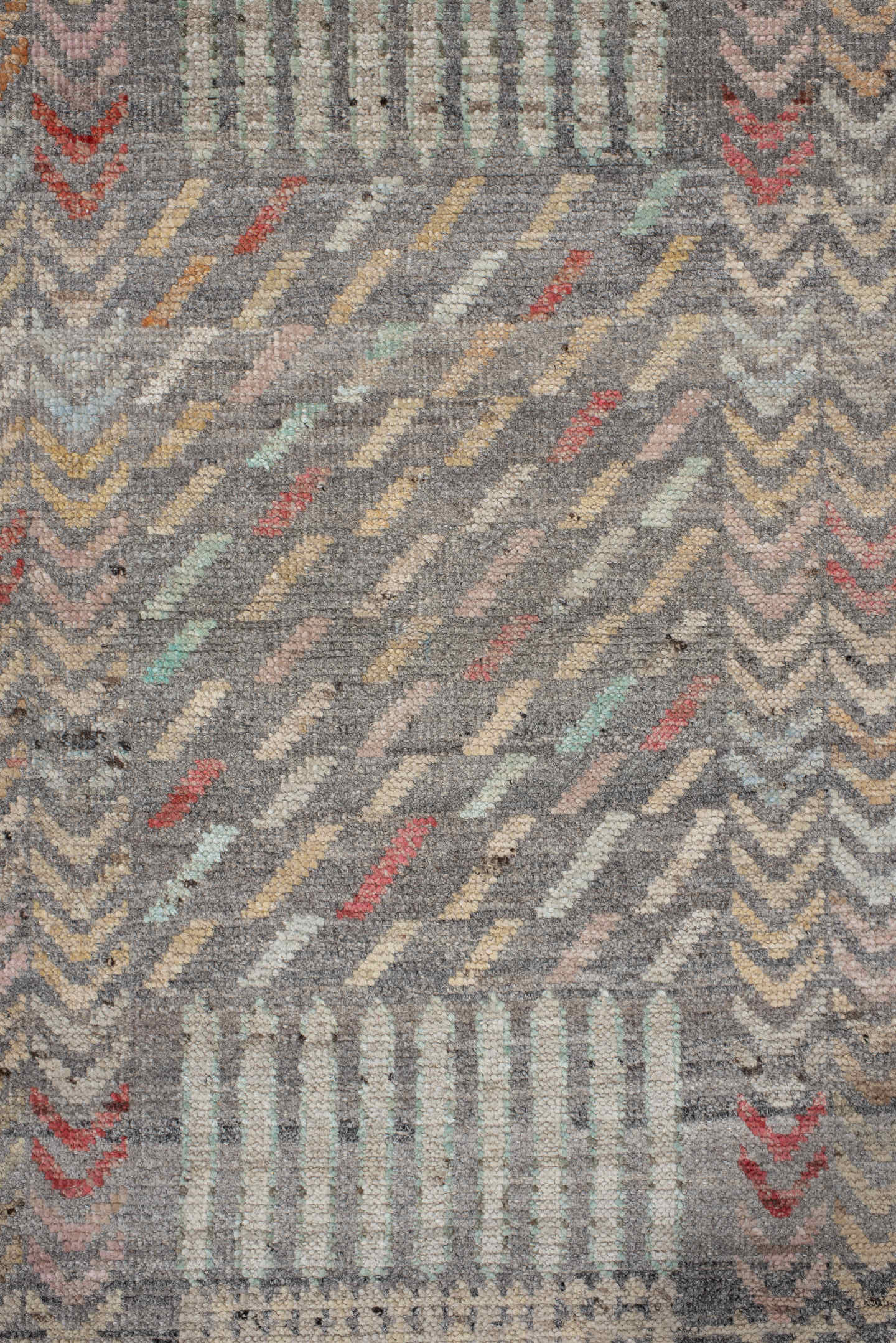2' x 9' one-of-a-kind handmade vintage Tulu runner rug. Color palette: gray, ivory, taupe, pale aqua, butter yellow, blush