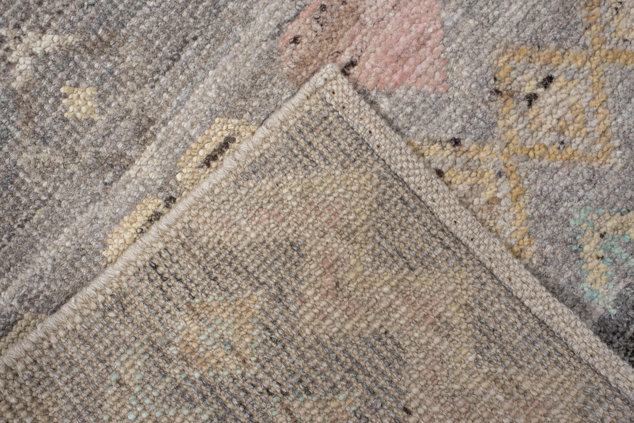 2' x 9' one-of-a-kind handmade vintage Tulu runner rug. Color palette: gray, ivory, taupe, pale aqua, butter yellow, blush