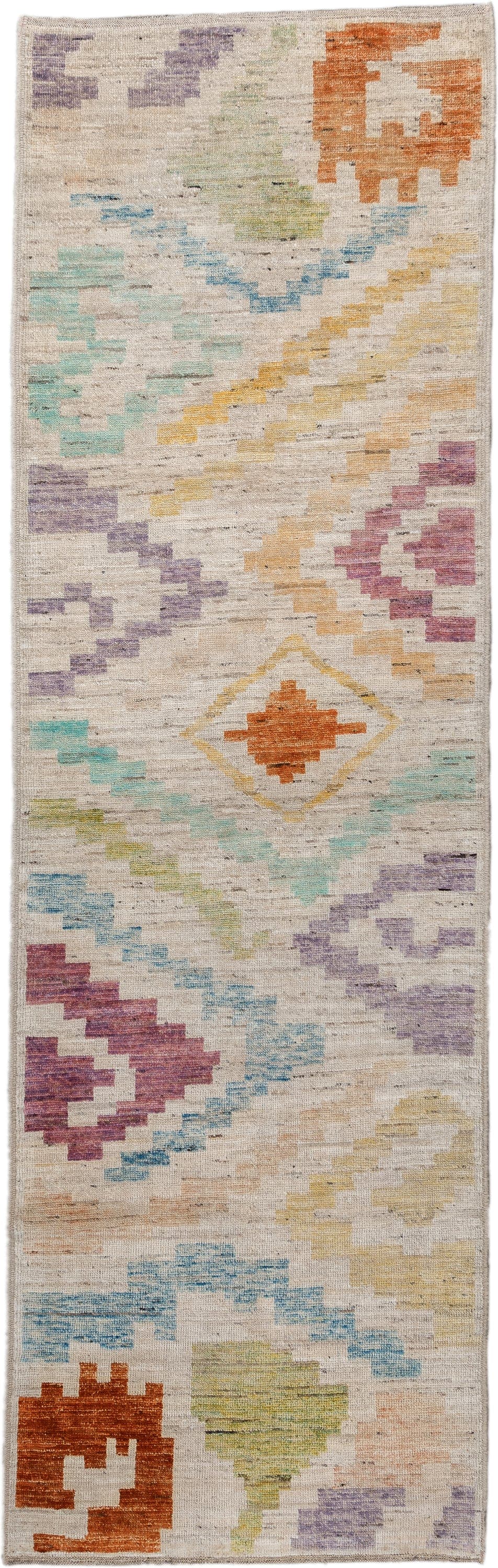 3' x 9' one-of-a-kind handmade vintage Tulu runner rug. Color palette: ivory, lavender, aqua, rust, gold, sage, rose, peach