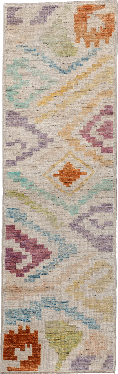 3' x 9' one-of-a-kind handmade vintage Tulu runner rug. Color palette: blue, brown, gray, light gray, off-white, pink