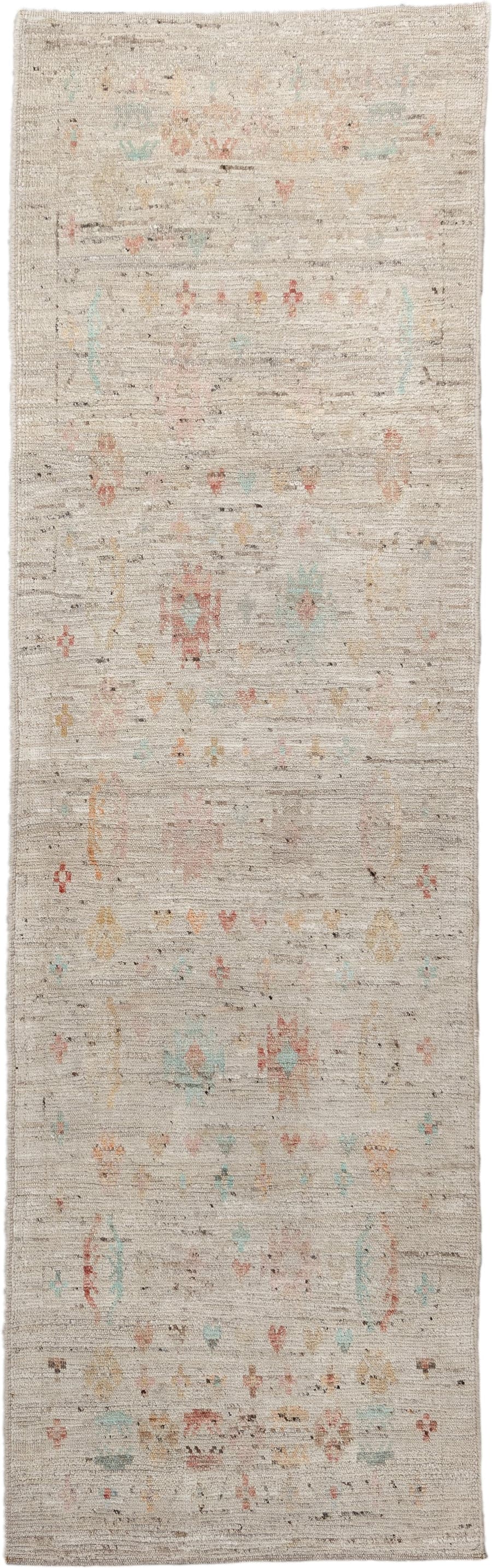 2' x 9' one-of-a-kind handmade vintage Tulu runner rug. Color palette: ivory, beige, taupe, aqua, coral, gold, brown, gray