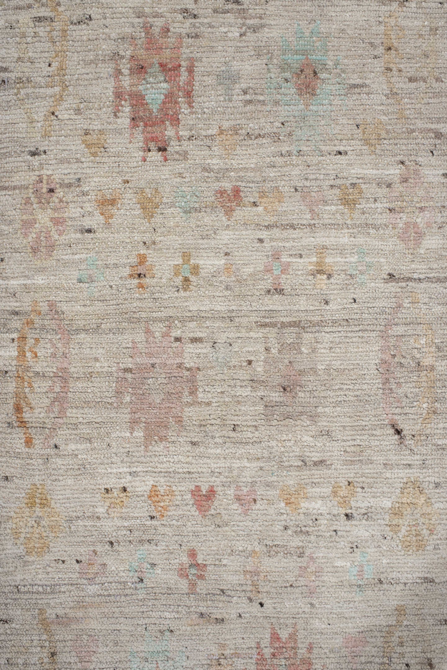 2' x 9' one-of-a-kind handmade vintage Tulu runner rug. Color palette: ivory, beige, taupe, aqua, coral, gold, brown, gray