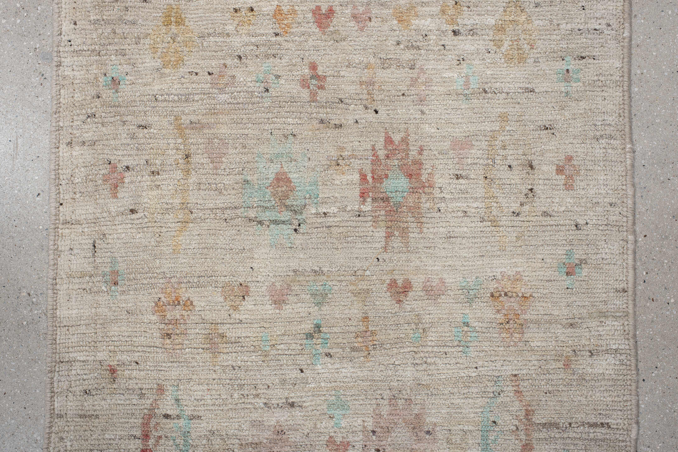 2' x 9' one-of-a-kind handmade vintage Tulu runner rug. Color palette: ivory, beige, taupe, aqua, coral, gold, brown, gray