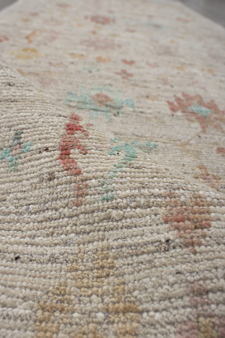 2' x 9' one-of-a-kind handmade vintage Tulu runner rug. Color palette: ivory, beige, taupe, aqua, coral, gold, brown, gray