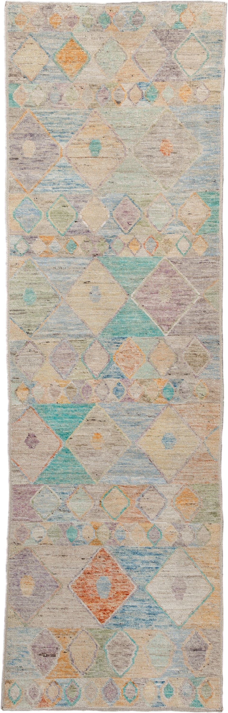 3' x 9' one-of-a-kind handmade vintage Tulu runner rug. Color palette: ivory, beige, aqua, sky_blue, taupe, lavender, peach