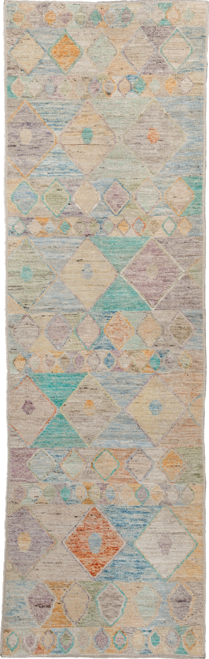 3' x 9' one-of-a-kind handmade vintage Tulu runner rug. Color palette: blue, brown, gray, green, light gray, off-white
