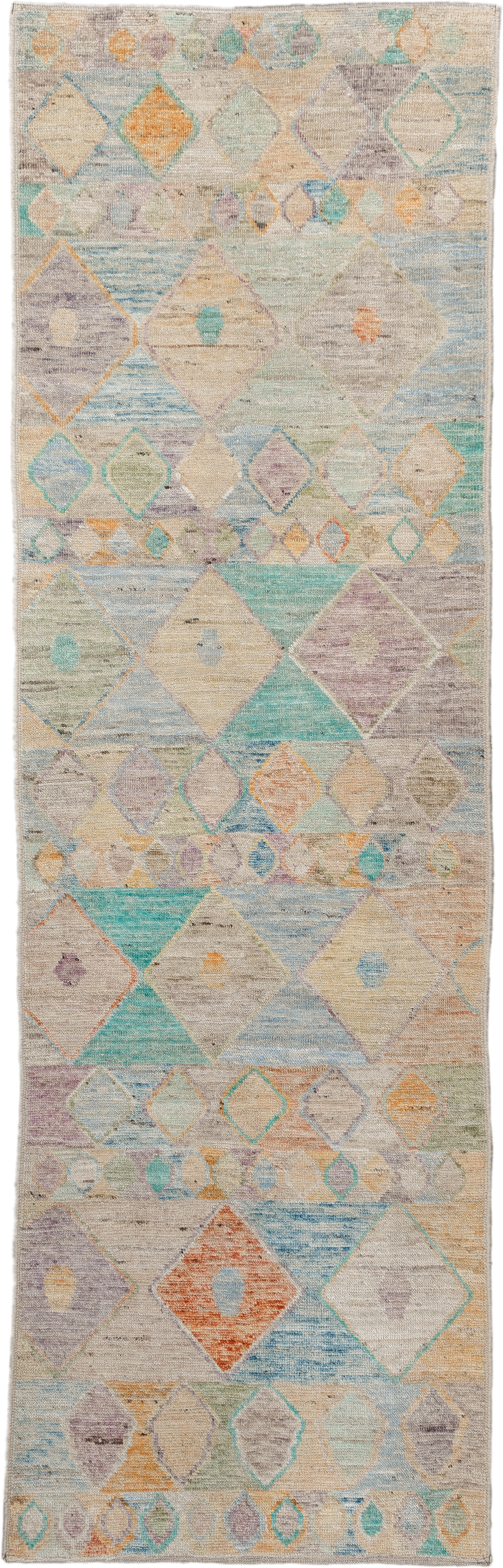 3' x 9' one-of-a-kind handmade vintage Tulu runner rug. Color palette: ivory, beige, aqua, sky_blue, taupe, lavender, peach