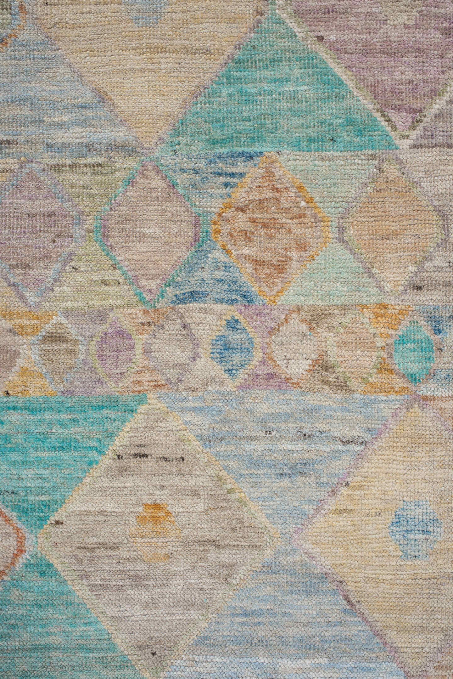 3' x 9' one-of-a-kind handmade vintage Tulu runner rug. Color palette: ivory, beige, aqua, sky_blue, taupe, lavender, peach