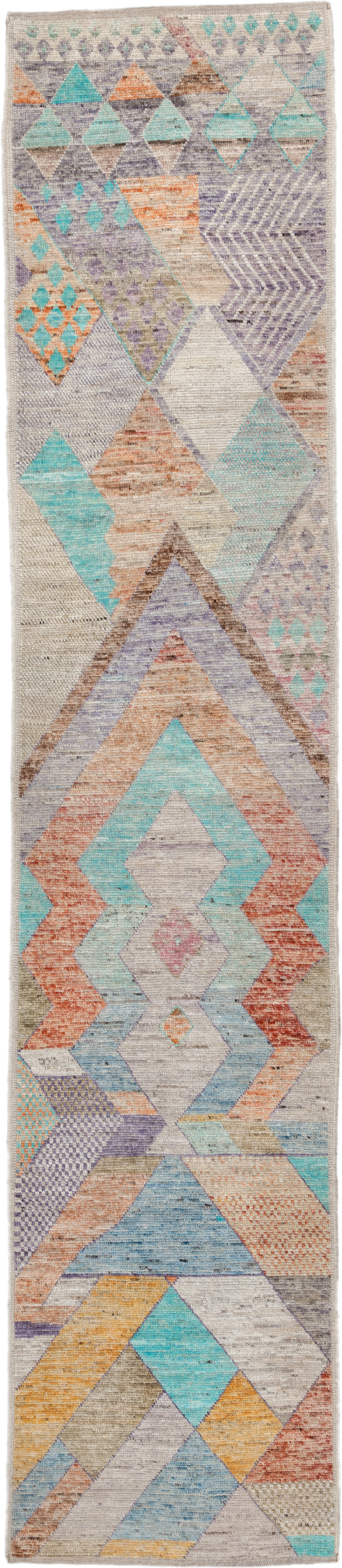 2' x 12' one-of-a-kind handmade vintage Tulu runner rug. Color palette: ivory, aqua, lavender, rust, gold, taupe, sky_blue