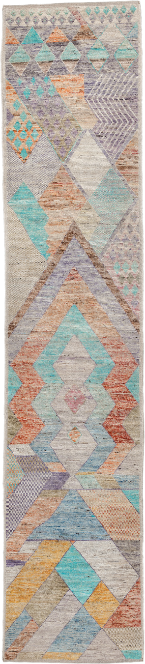2' x 12' one-of-a-kind handmade vintage Tulu runner rug. Color palette: ivory, aqua, lavender, rust, gold, taupe, sky_blue