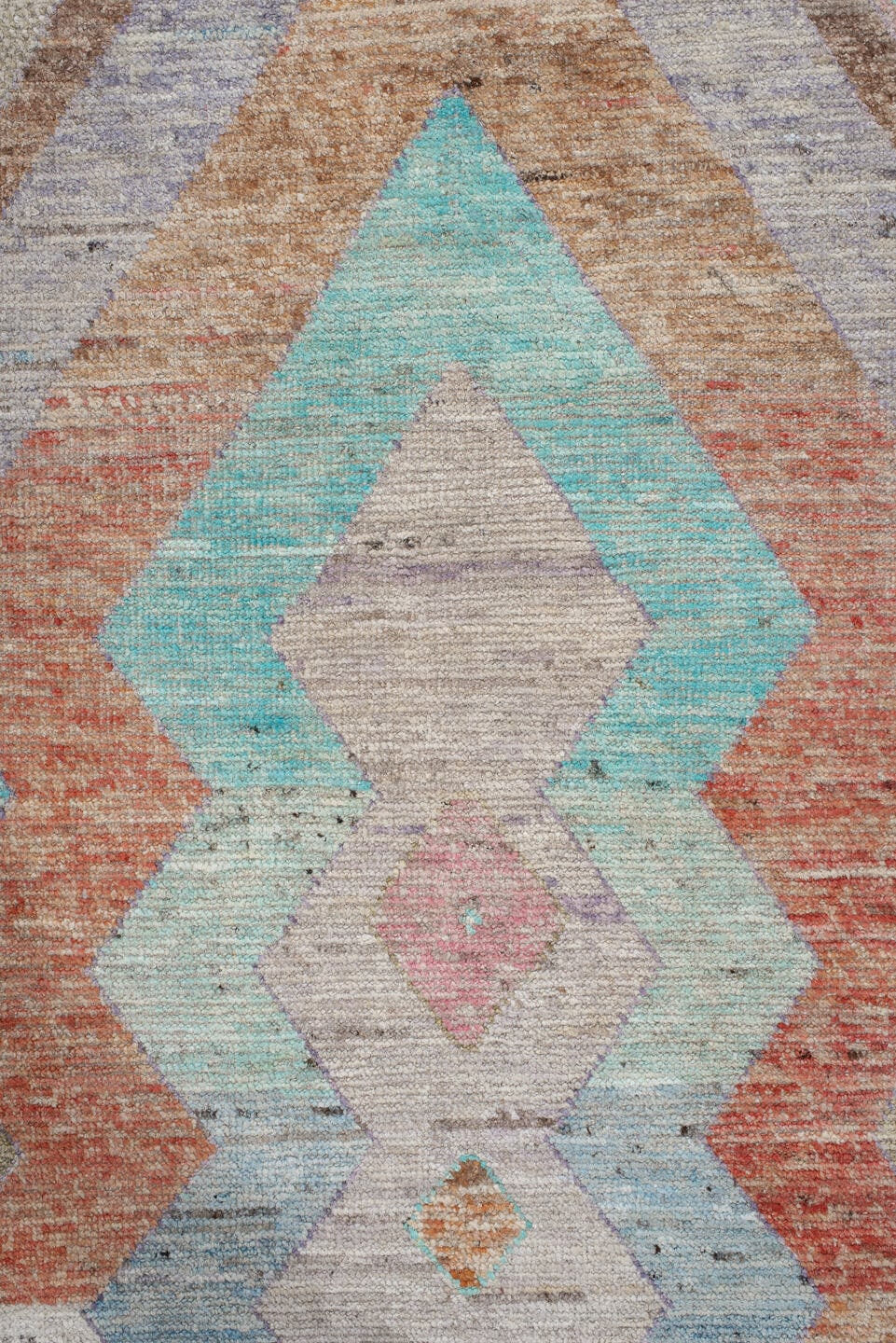 2' x 12' one-of-a-kind handmade vintage Tulu runner rug. Color palette: ivory, aqua, lavender, rust, gold, taupe, sky_blue