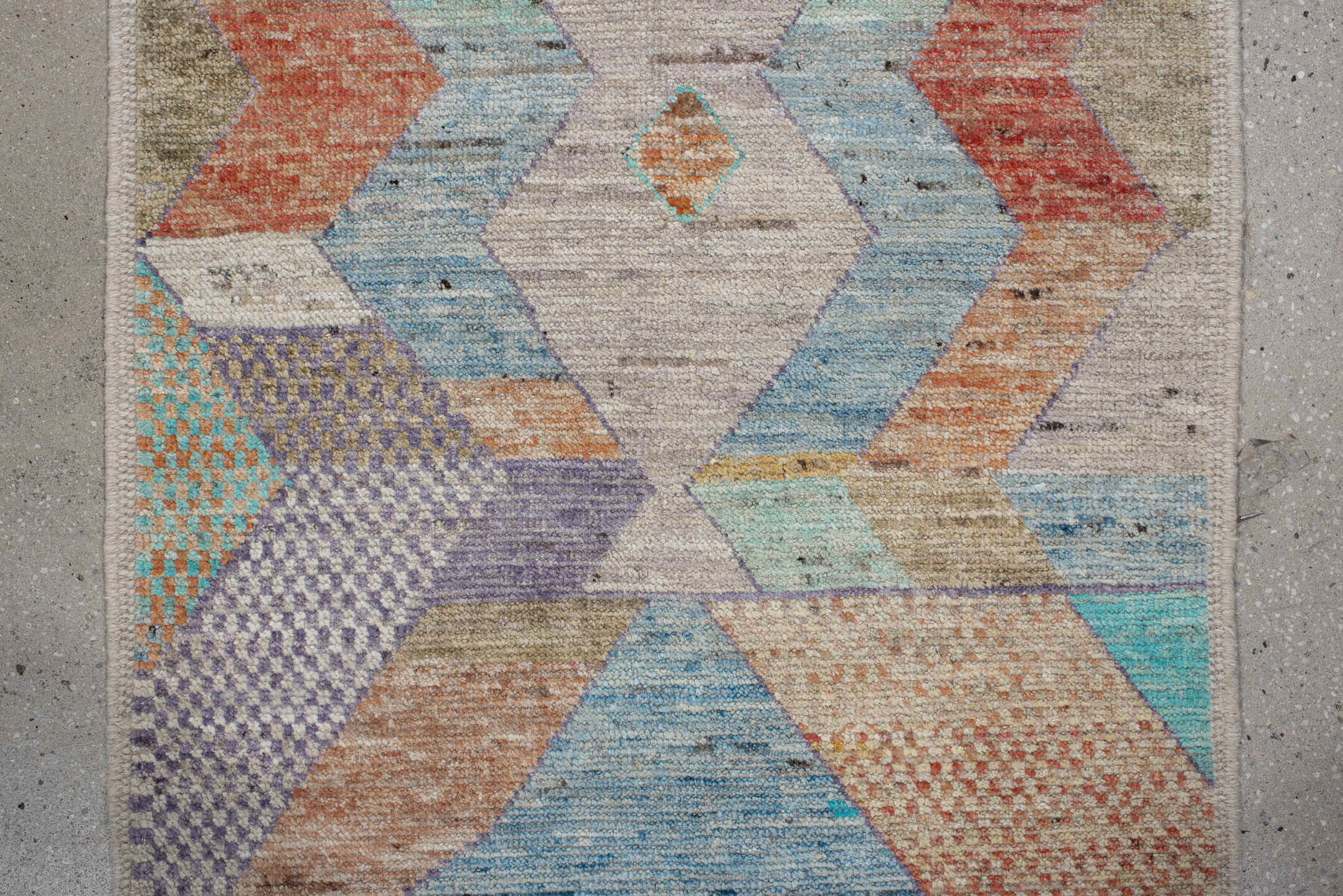 2' x 12' one-of-a-kind handmade vintage Tulu runner rug. Color palette: ivory, aqua, lavender, rust, gold, taupe, sky_blue