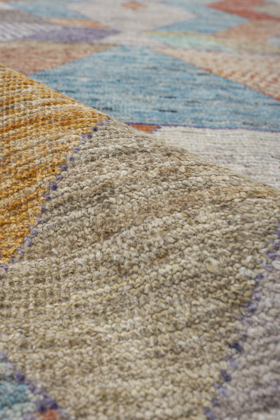 2' x 12' one-of-a-kind handmade vintage Tulu runner rug. Color palette: ivory, aqua, lavender, rust, gold, taupe, sky_blue