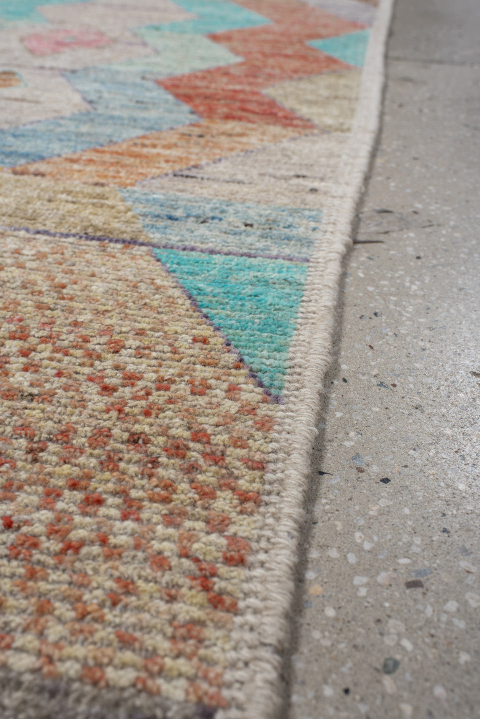 2' x 12' one-of-a-kind handmade vintage Tulu runner rug. Color palette: ivory, aqua, lavender, rust, gold, taupe, sky_blue