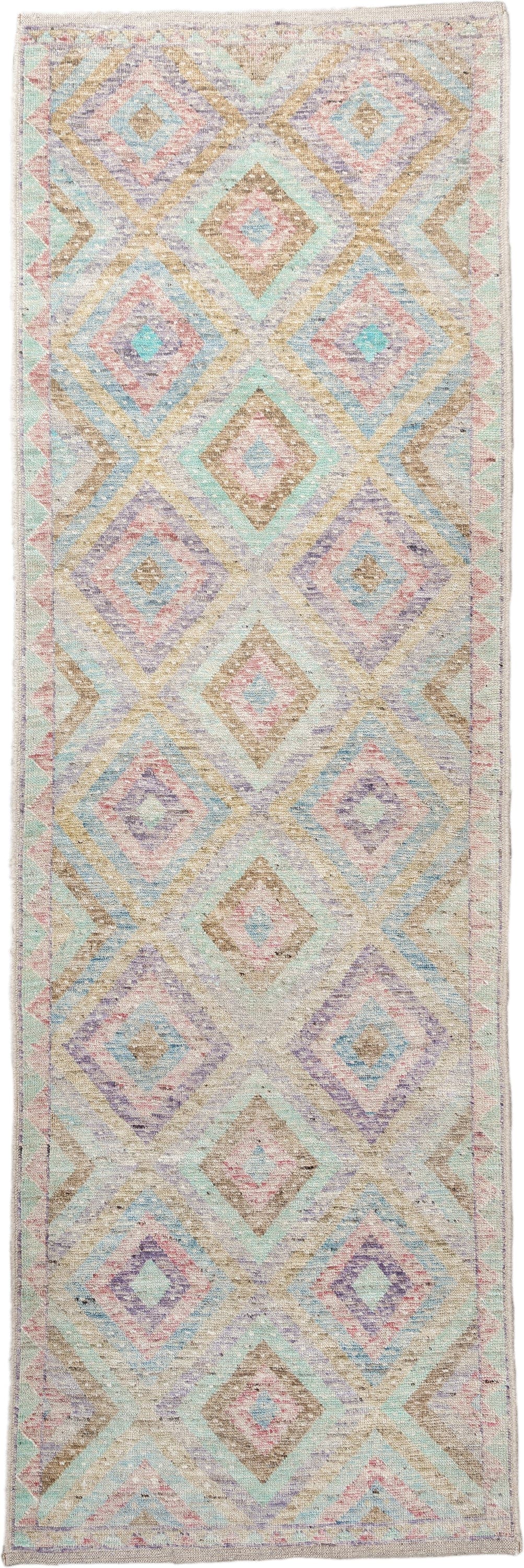 3' x 9' one-of-a-kind handmade vintage Tulu runner rug. Color palette: ivory, aqua, tan, blush, lavender, sage, gold, teal